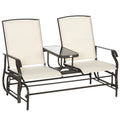 Outsunny Outdoor Glider Bench With Center Table, Metal Frame Patio Loveseat With Mesh Fabric And Armrests For Backyard Garden Porch, Beige