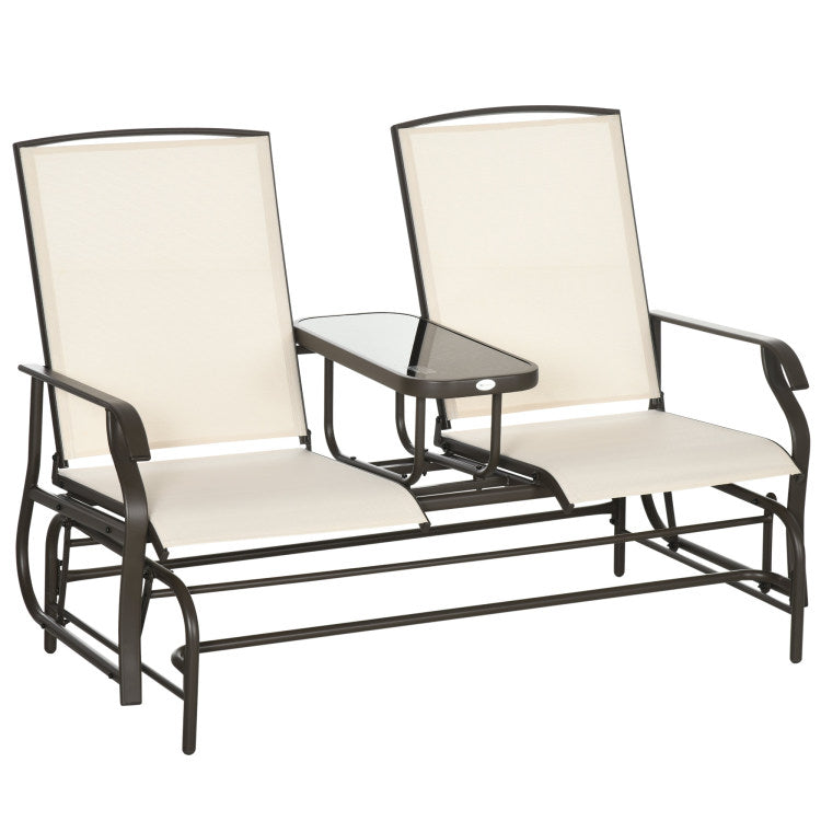 Outsunny Outdoor Glider Bench With Center Table, Metal Frame Patio Loveseat With Mesh Fabric And Armrests For Backyard Garden Porch, Beige
