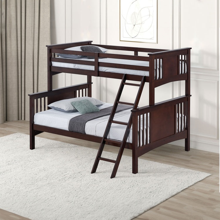 Modern Transitional Style Twin Over Full Bunk Bed With Ladder And Dark Walnut Finish
