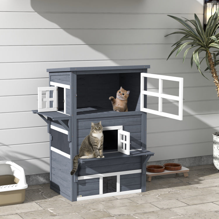 Pawhut 3 Story Cat House Feral Cat Shelter, Outdoor Kitten Condo With Raised Floor, Asphalt Roof, Escape Doors, Jumping Platforms, Dark Gray