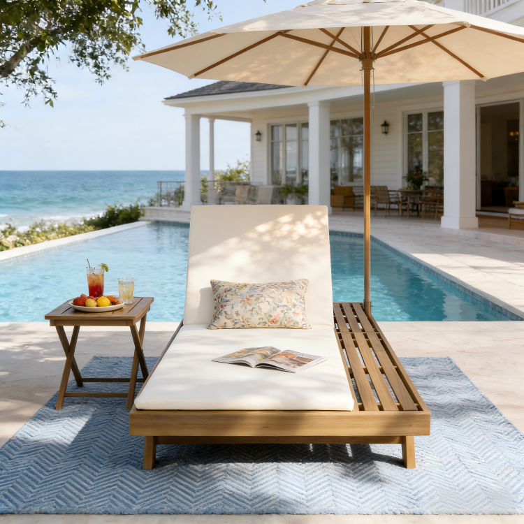 Lounge Chaise Set, Space Available On One Side, Acacia Wood In Light Brown With Water Resistant Lounge Cushions Cream & 2 Inch Thick Matching Dark Grey Leaf Coconut Version Available