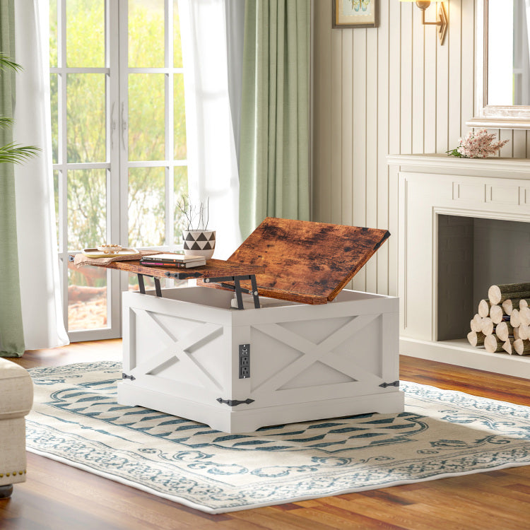Lift Top Coffee Table With Storage & Charging Station,Multi Functional Lifting Dining Table Coffee Table,Living Room Home Table,Space Saving Modern Design.35.4"X 35.4",Vintage White