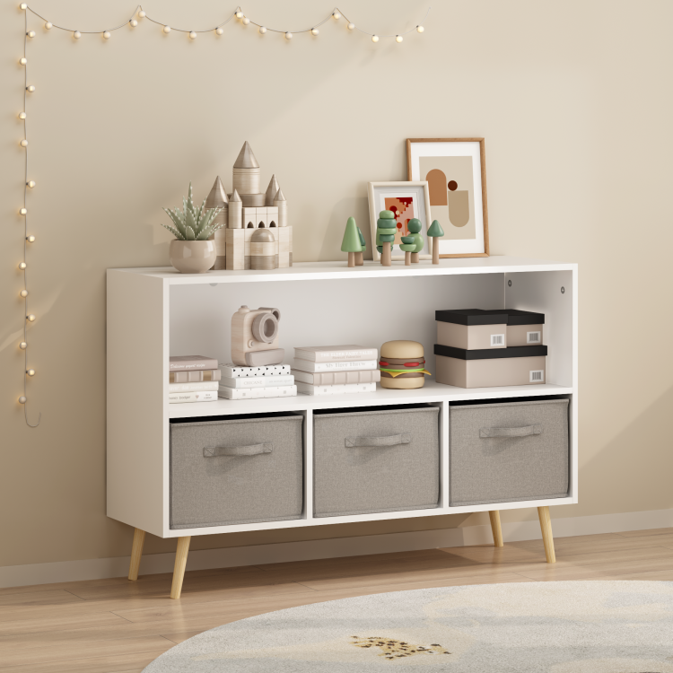Kids Bookcase With Collapsible Fabric Drawers, Children'S Book Display, Toy Storage Cabinet Organizer, White Gray