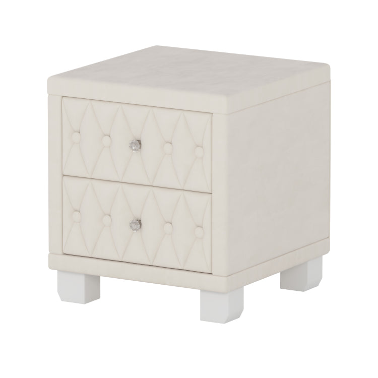 Elegant Velvet Nightstand With 2 Drawers And Crystal Handle, Storage Bedside Table With Button Tufted, Beige