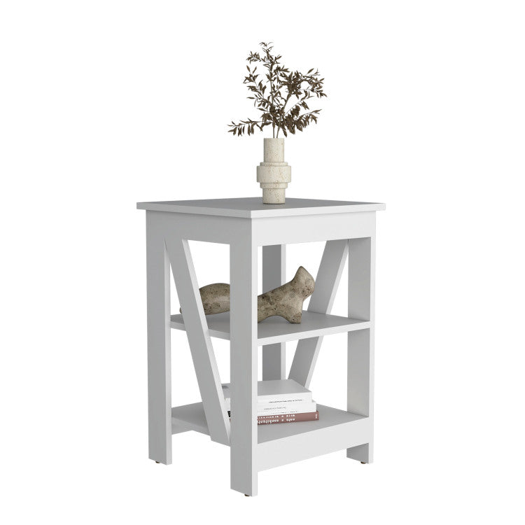 3 Tier End Table Nightstand, Side Table For Small Space, White