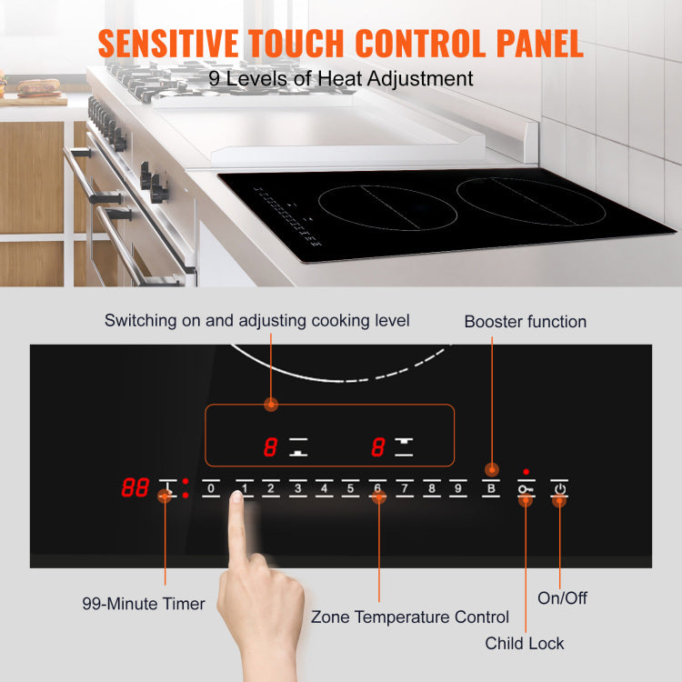 Electric Cooktop, 2 Burners, 12'' Induction Stove Top, Built In Magnetic Cooktop 3000W, 9 Heating Level Multifunctional Burner, Led Touch Screen W Child Lock & Over Temperature Protection