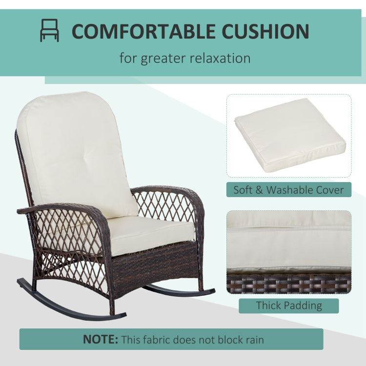 Outsunny Outdoor Wicker Rocking Chair With Wide Seat, Thick, Soft Cushion, Rattan Rocker W Steel Frame, High Weight Capacity For Patio, Garden, Backyard, Cream White
