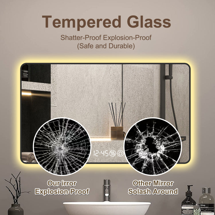 48X32 Black Frame Wall Mirror With Rounded Corners Vanity Mirror, Temperature Display, Tri Color Light, Defogging, High Quality Aluminum Alloy Frame, High Definition Tempered Glass