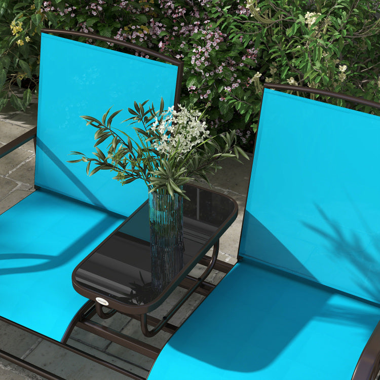Outsunny Outdoor Glider Bench With Center Table, Metal Frame Patio Loveseat With Mesh Fabric And Armrests For Backyard Garden Porch, Blue