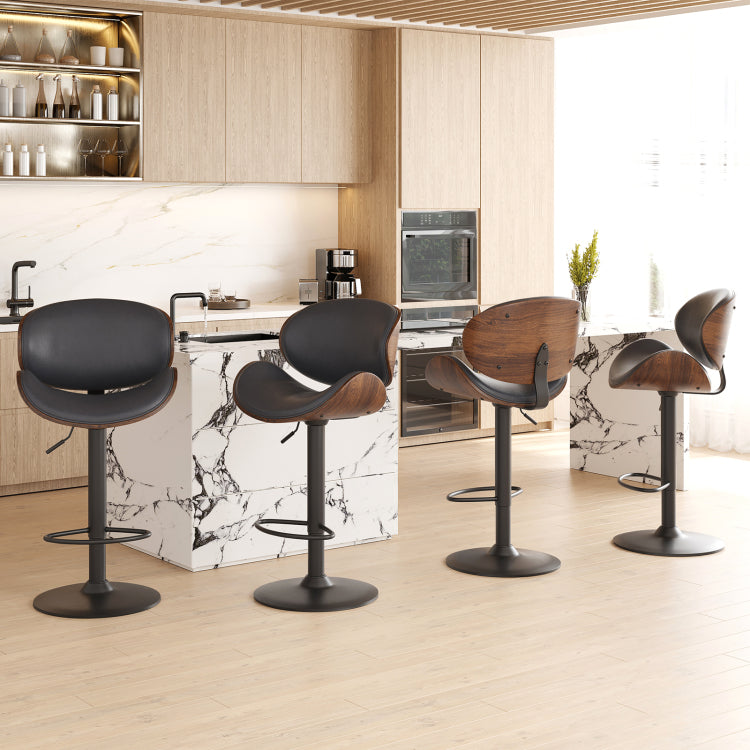 Swivel Bar Stools Set Of 2 Adjustable Height Bentwood Barstools With Pu Leather Upholstered Seat, Backrest And Footrest,Modern Kitchen Counter Chairs For Bar, Dining Room
