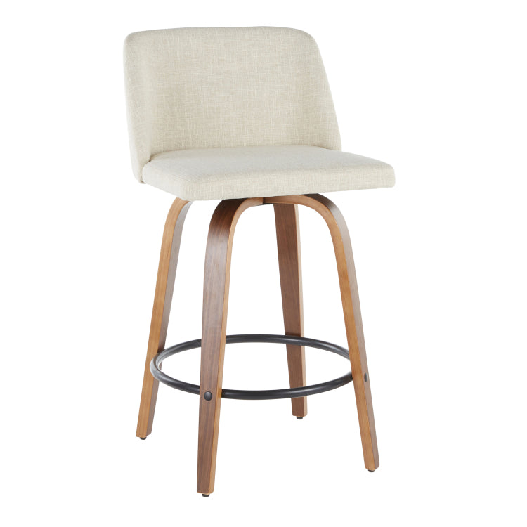 Mid Century Modern Counter Stool In Walnut And Cream Fabric Set Of 2