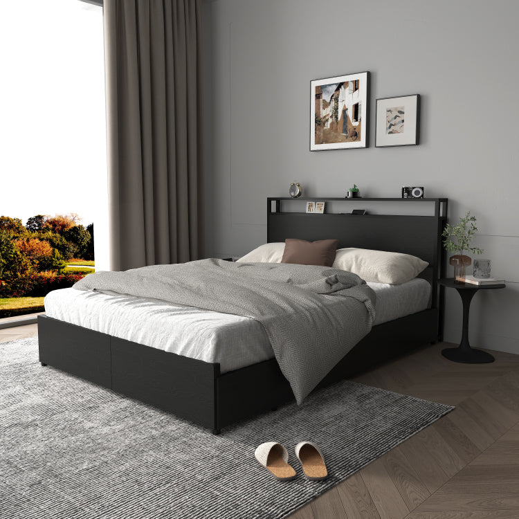 Full Bed Frame, Storage Headboard With Charging Station, Solid And Stable, Noise Free, No Box Spring Needed, Easy Assembly