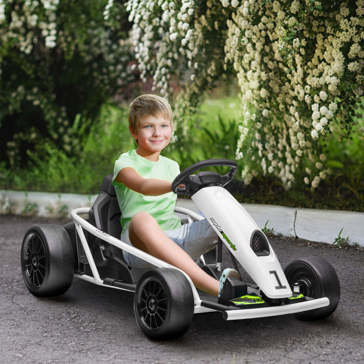 Aosom 24V 8.1 Mph Electric Go Kart, Drifting Car Battery Powered Ride On Toy Outdoor With Slow Start, Music, Horn Honking And Safety Belt, For 8 12 Years Old, White