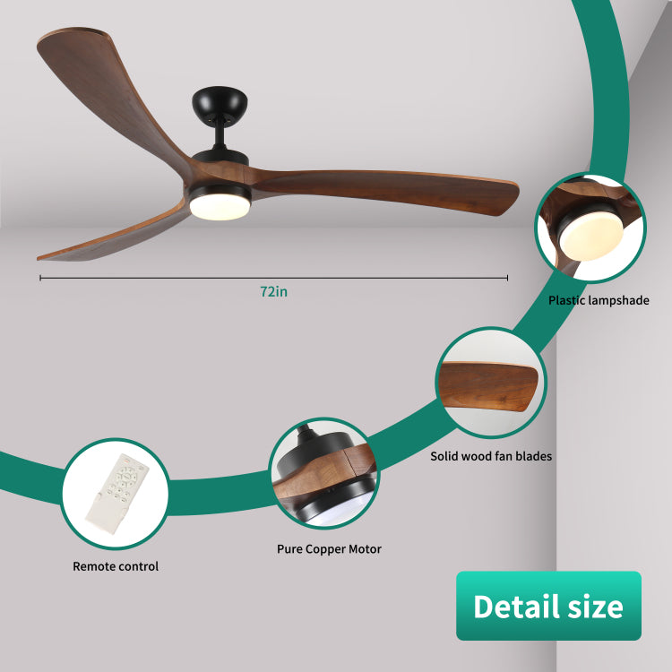 72 Inch Solid Wood With Lights And Remote Control Indoor Outdoor 3 Wooden Blades Modern For Porch Living Room Bedroom