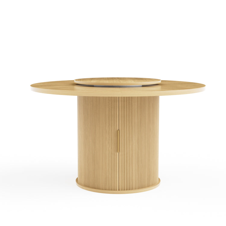 55 Inch Round Dining Table For Six, Featuring A Double Tiered Storage Rack And A Rotating Tabletop Tray. Wooden Wavy Striped Sliding Doors. Ideal For Home Dining Room Living Room Natural