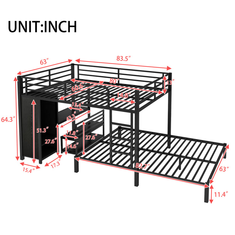 Queen Over Queen Size Bunk Bed Frame With Built In Wardrobe, Metal Bunk Bed With Desk And Storage Chairs, Black