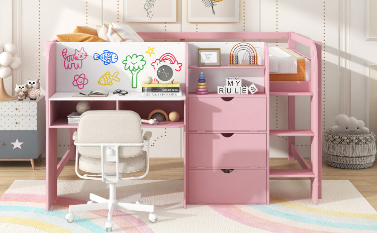 Full Size Low Loft Bed With Built In Desk,Storage Cabinets And Open Bookcase,Whiteboard For Graffiti,Pink