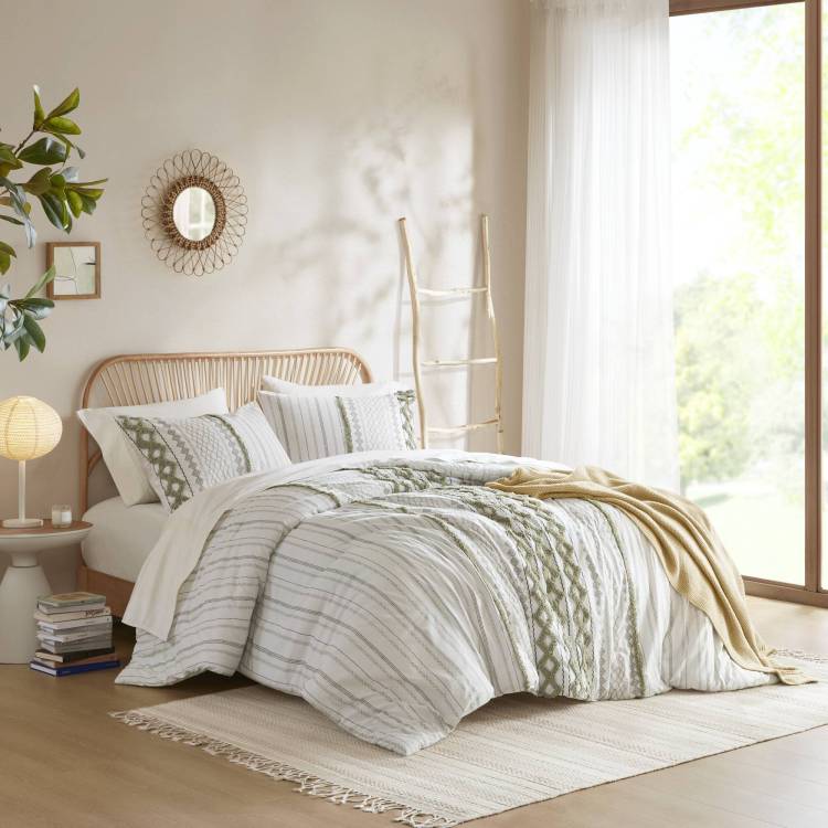 3 Pcs Full Queen Cotton Printed Comforter Set With Chenille Sage Ivory