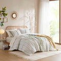 3 Pcs Full Queen Cotton Printed Comforter Set With Chenille Sage Ivory