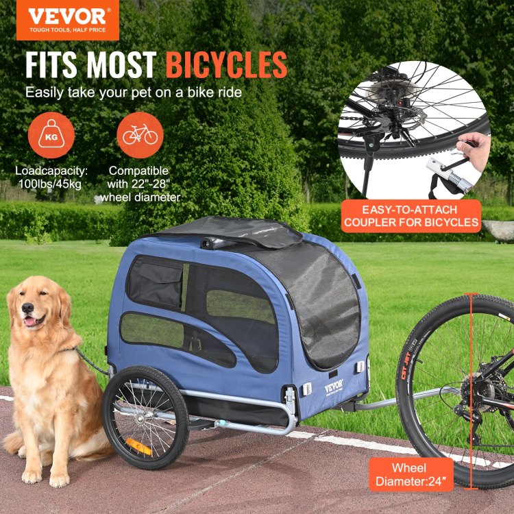 Dog Bike Trailer, Supports Up To 100 Lbs, Pet Cart Bicycle Carrier, Easy Folding Frame With Quick Release Wheels, Universal Bicycle Coupler, Reflectors, Flag, Collapsible To Store, Blue Black