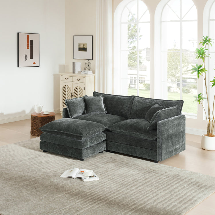 Chenille Two Seater Sofa With 1 Footrest, 2 Seater L Shaped Sectional With Ottoman,Loveseat With Ottoman For Small Living Space, Gray Chenille