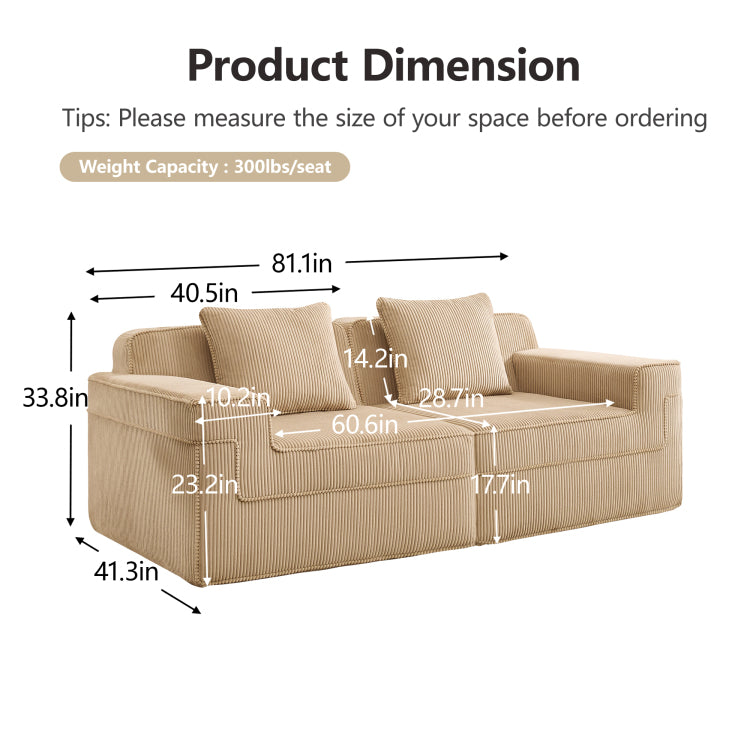 Modular 2 Seat Loveseat Boneless Sofa, Cloud Sectional Couch With Deep Seat, Modern Modular 2 Seat Sofa Couch With Throw Pillows Corduroy Fabric Camel