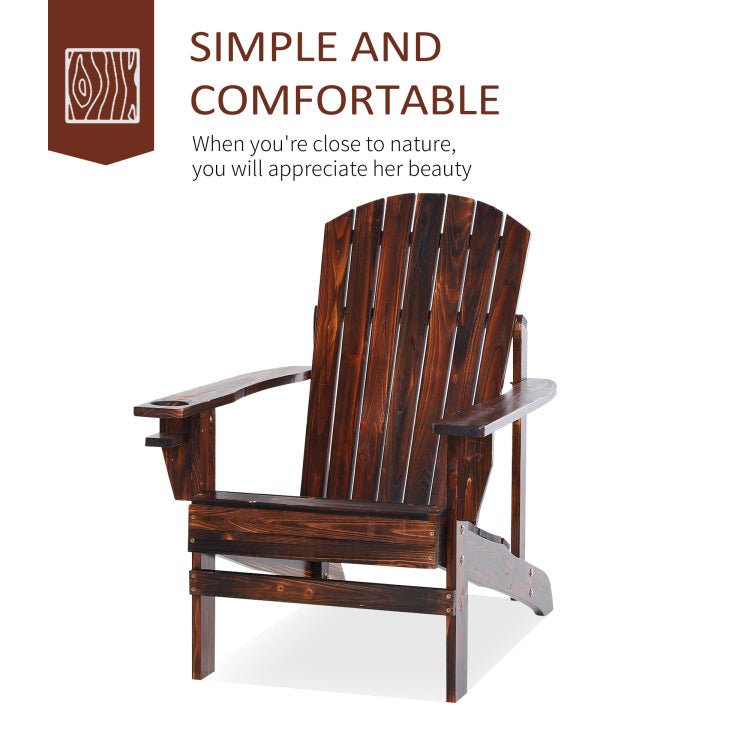 Outsunny Wooden Adirondack Chair, Outdoor Patio Lawn Chair With Cup Holder, Weather Resistant Lawn Furniture, Classic Lounge For Deck, Garden, Backyard, Fire Pit, Brown
