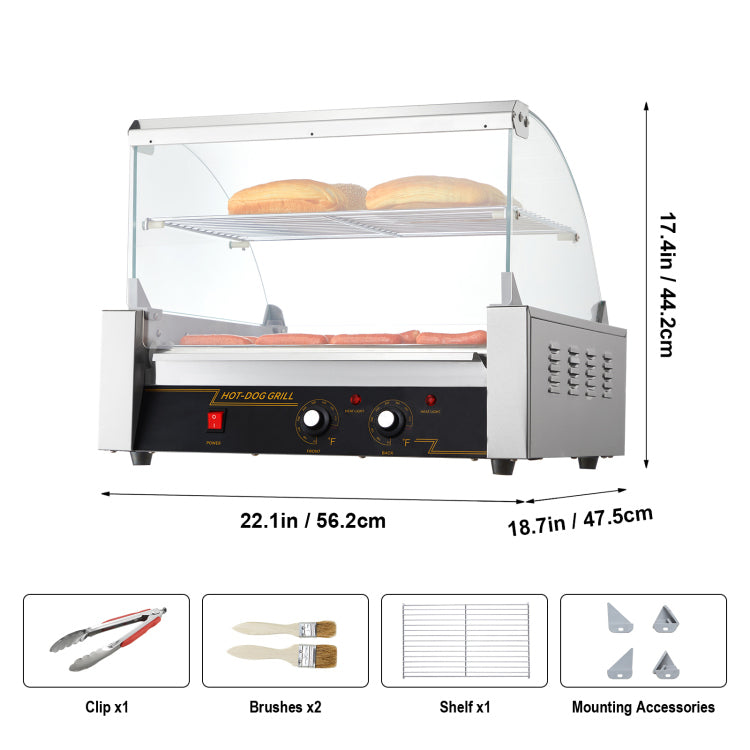 Hot Dog Roller, 11 Rollers 30 Hot Dogs Capacity, 1650W Stainless Sausage Grill Cooker Machine With Dual Temp Control Glass Hood Acrylic Cover Bun Warmer Shelf Removable Drip Tray, Etl Certified