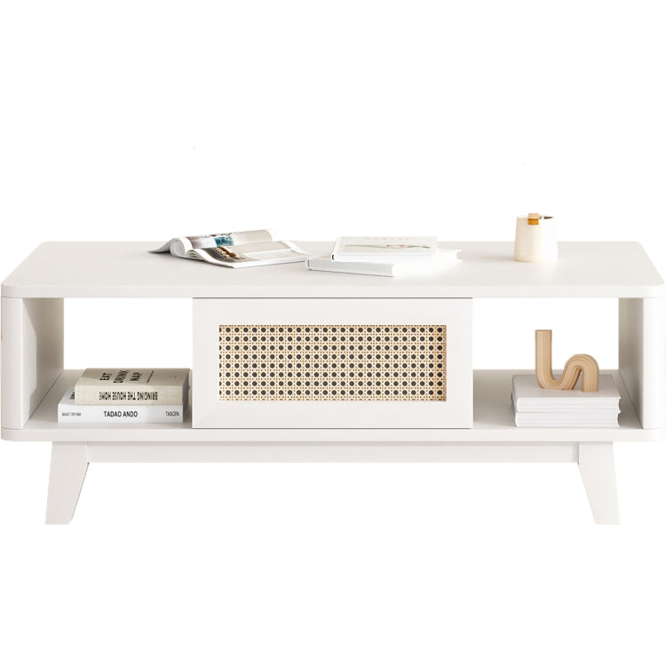 Coffee Table, Mid Century Living Room Tables With Storage, Modern Square With Rattan Drawer, Wooden Living Room Table With Solid Wood Leg