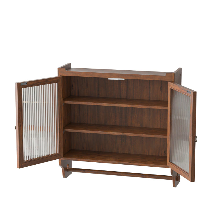24.8"Glass Door Vintage Double Door Wall Cabinet With Three Tiers Of Storage With Towel Rack, For Bathroom, Kitchen,Dining Room,Brown