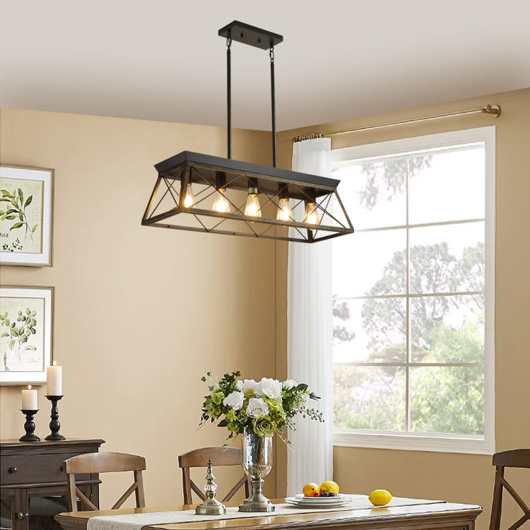 32" Black Gold Industrial 5 Light Pendant Chandelier, Modern Metal Cage Design, Adjustable Hanging Light For Dining Room, Kitchen, Living Room No Bulbs