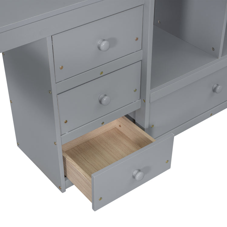 Full Size Loft Wood Bed With Desk, Storage Shelves And Drawers, Built In Ladder, High Loft Bed With Desk, Storage Shelves And Drawers,Guardrails,Grey