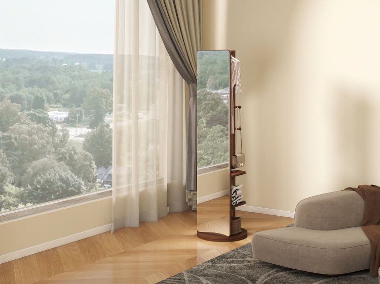 360 Rotating 66"X17.8" Multifunctional Full Length Mirror With Hook Storage Rack Coat Rack With Mirror Solid Wood Floor Mirror Bedroom Living Room Cloakroom Space Saving Walnut