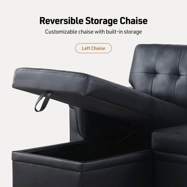 Lucca 84"W Black Vegan Leather Modern Reversible Sleeper Sectional Sofa With Storage Chaise