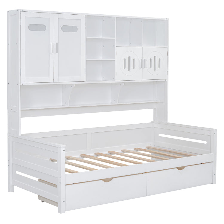 Twin Size Wooden Daybed With 2 Drawers, And All In One Cabinet And Shelf, White