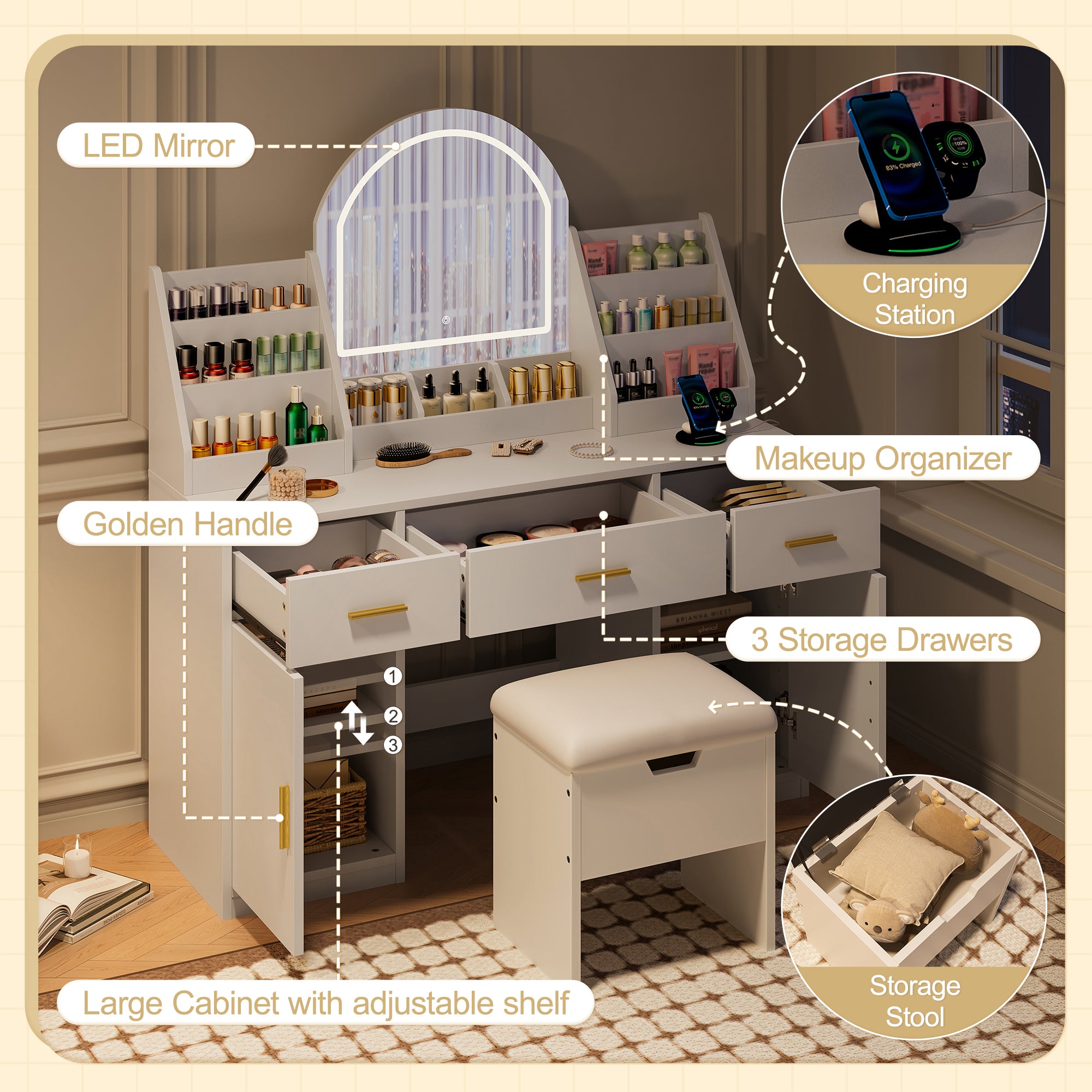 47.2" Makeup Vanity With Mirror And Light, Vanity Desk With Cushioned Storage Stool, Dressing Table With Two Organizers,3 Drawers And 2 Cabinets For Bedroom, White