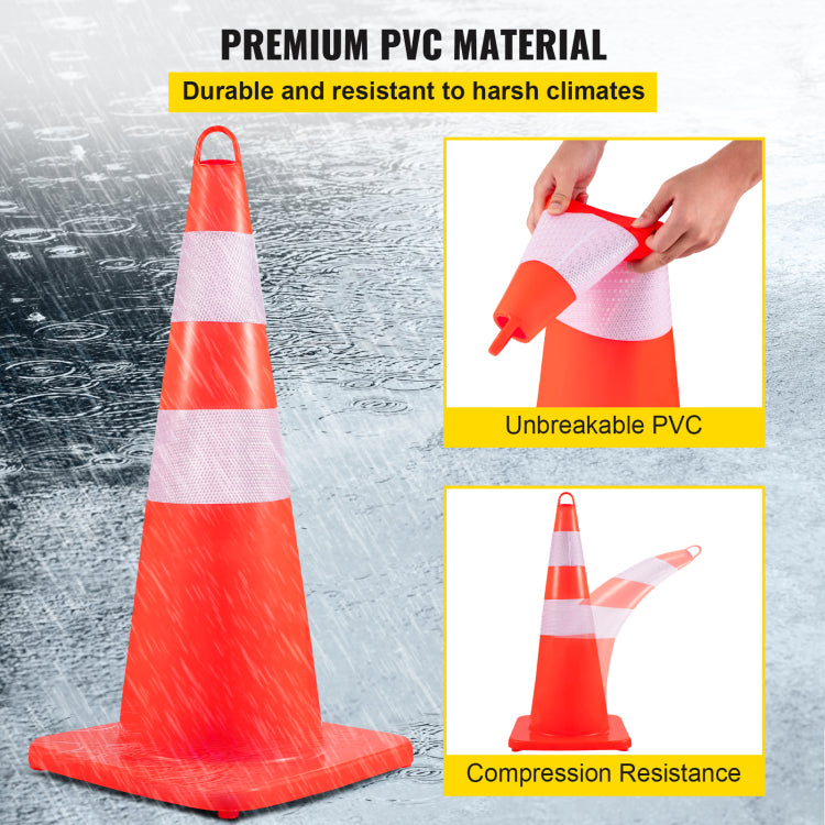 Safety Cones, 12 X 28" Traffic Cones, Pvc Orange Construction Cones, 2 Reflective Collars Traffic Cones With Weighted Base And Hand Held Ring Used For Traffic Control, Driveway Road Parking