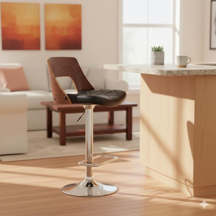 Bentwood Contemporary Modern Stylish Wood Back Adjustable Swivel Bar Stool With Diamond Quilted Finish Curved Seat And Back