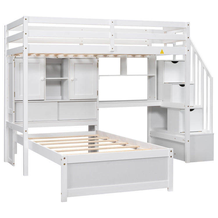 Twin Over Twin Loft Bed With Built In Desk And Staircase, With Storage Compartments And Shelves, White