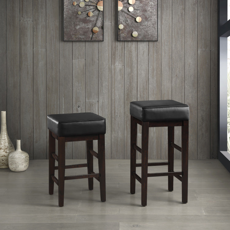 Transitional Black Faux Leather Seat 24 Inch Counter Height Stools Set Of 2, Espresso Finish Solid Wood Frame
