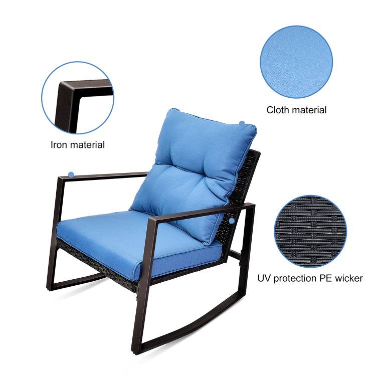 3 Pieces Patio Bistro Set Outdoor Rocking Chair W Blue Cushion For Yard Garden Poolside