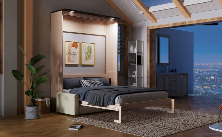 Queen Size Murphy Bed With Sofa And Led, Beige