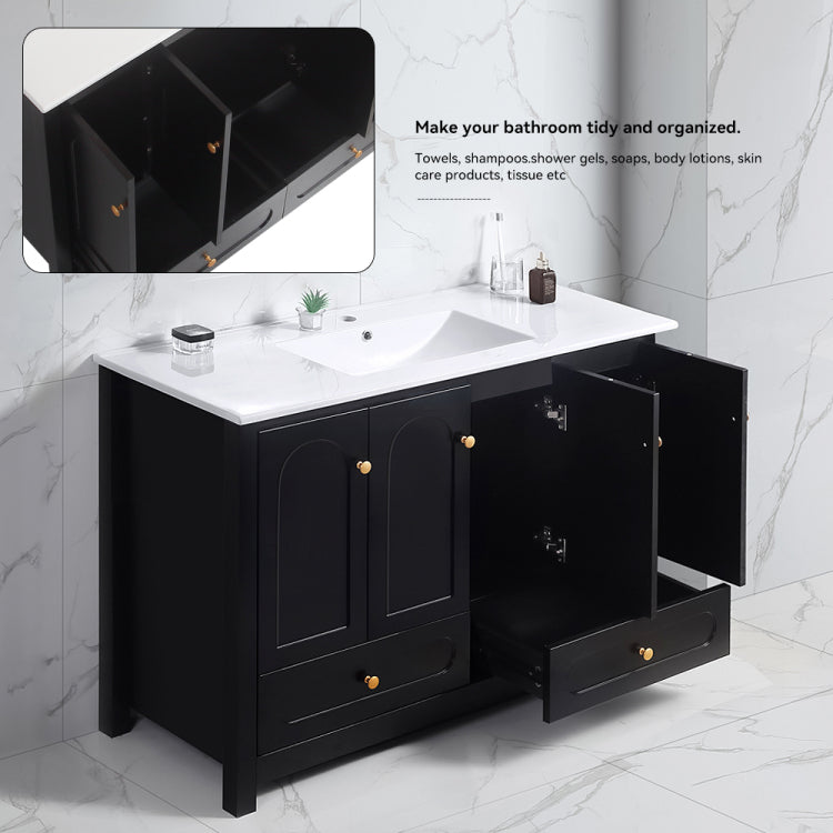 A 48 Inch Wide Black Bathroom Vanity With Large Storage Space A Cabinet Featuring 4 Soft Close Doors And 2 Drawers Excluding The Ceramic Basin