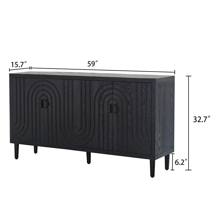 Modern Black Sideboard Cabinet With Decorative Nailhead Accents, Stylish Storage Solution For Dining & Living Rooms