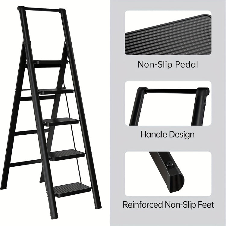 5 Step Ladder Folding Step Stool, 5 Step Ladder With Anti Slip Wide Pedals, Lightweight And Easy To Carry Handle Folding Ladder, Multi Purpose Steel Ladder, Suitable For Home And Office Use