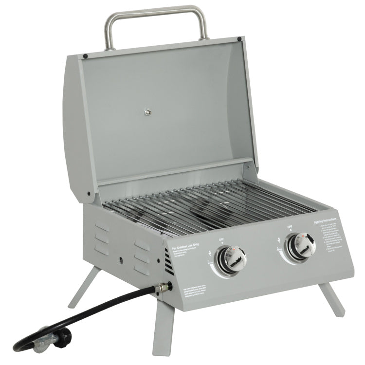 Outsunny 2 Burner Propane Gas Grill Outdoor Portable Tabletop Bbq With Foldable Legs, Lid, Thermometer For Camping, Picnic, Backyard, Light Grey