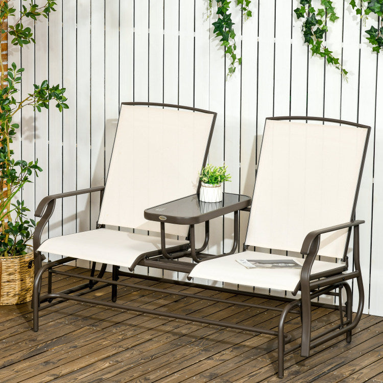 Outsunny Outdoor Glider Bench With Center Table, Metal Frame Patio Loveseat With Mesh Fabric And Armrests For Backyard Garden Porch, Beige