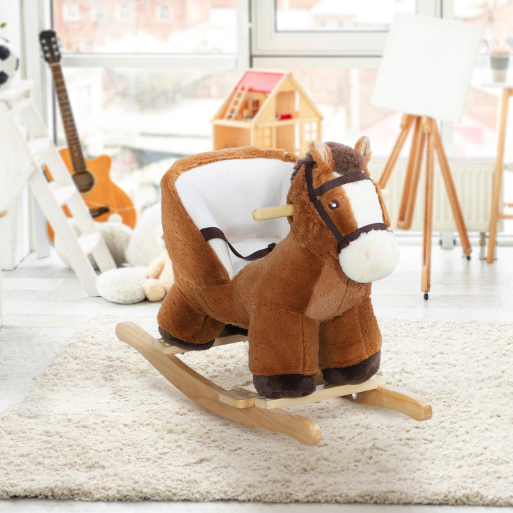 Qaba Baby Rocking Horse, Plush Animal Rocker With Sound, Wooden Base, & Safety Belt For Ages 18 36 Months, Brown