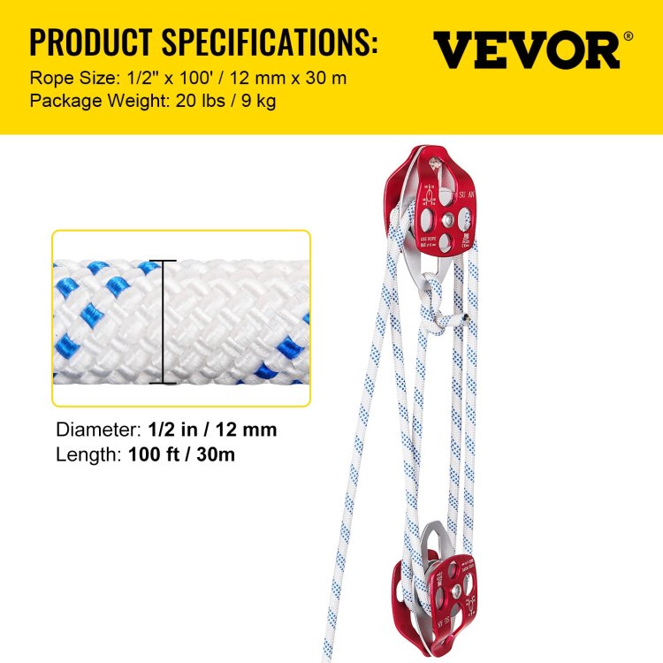 Twin Sheave Block And Tackle 1 2" X 100Ft Twin Sheave Block With Braid Rope 30 35Kn 6600 7705Lbs Double Pulley Rigging