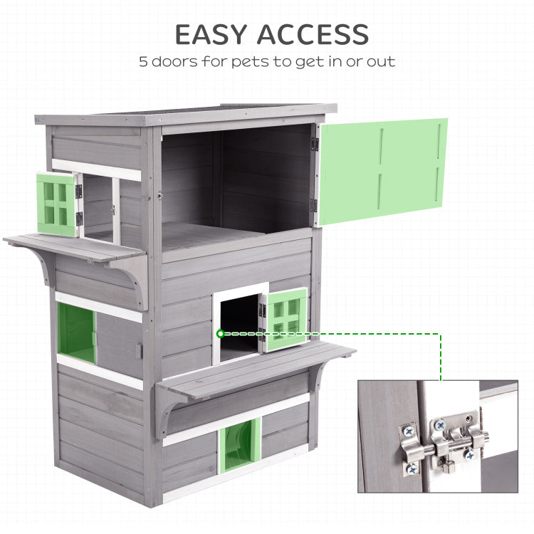 Pawhut 3 Story Cat House Feral Cat Shelter, Outdoor Kitten Condo With Raised Floor, Asphalt Roof, Escape Doors, Jumping Platforms, Grey